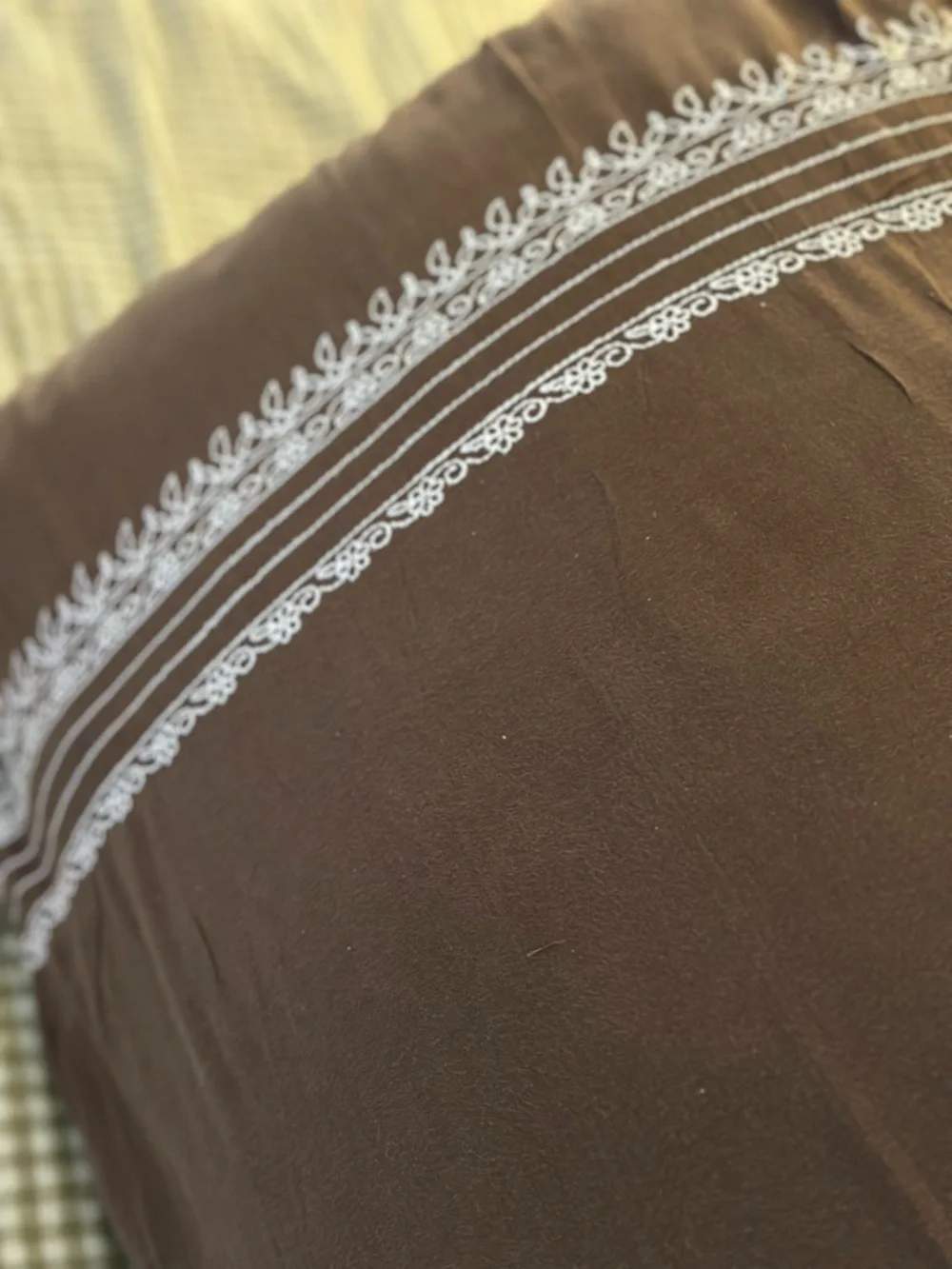 West Elm Embroidered Brown Pillow Sham Pair with White Stitching Trim